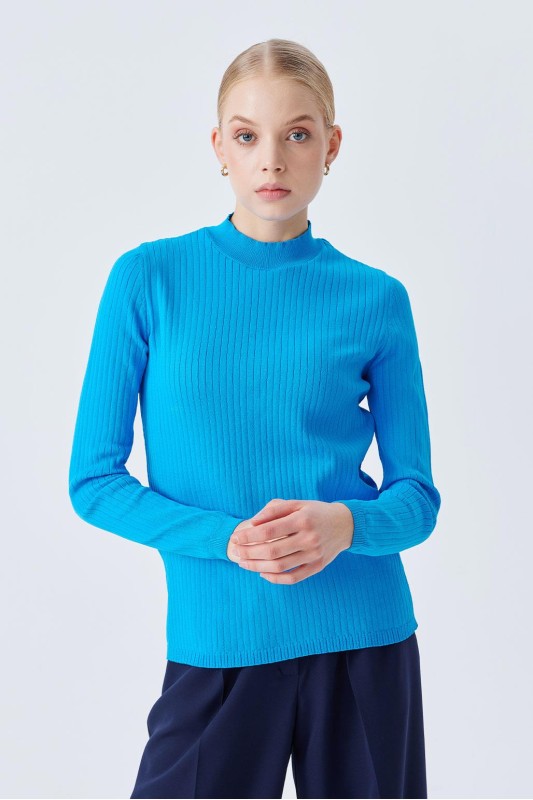 Basıc Fitilli Triko Bluz Mavi