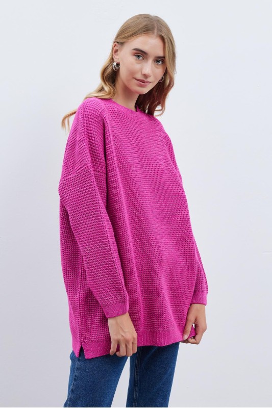 Shine Simli Triko Kazak Fuşya