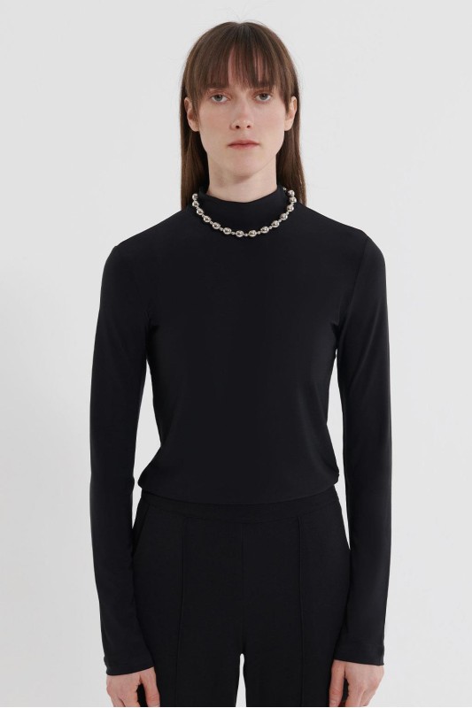 Dik Yaka Buzy Uzun Kollu Basıc Bluz Siyah