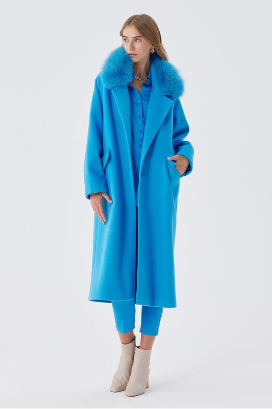 Olına Kürk Yaka Kaban Mavi