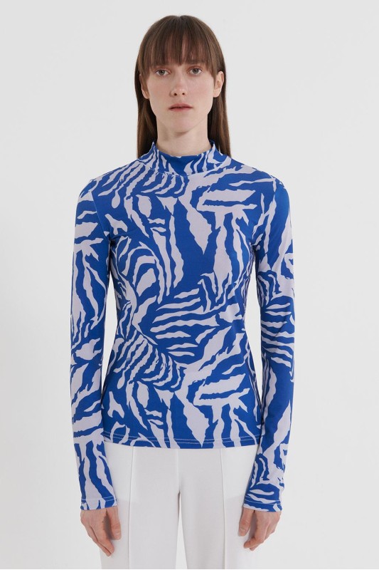 Zebra Desenli Dik Yaka Bluz İndigo