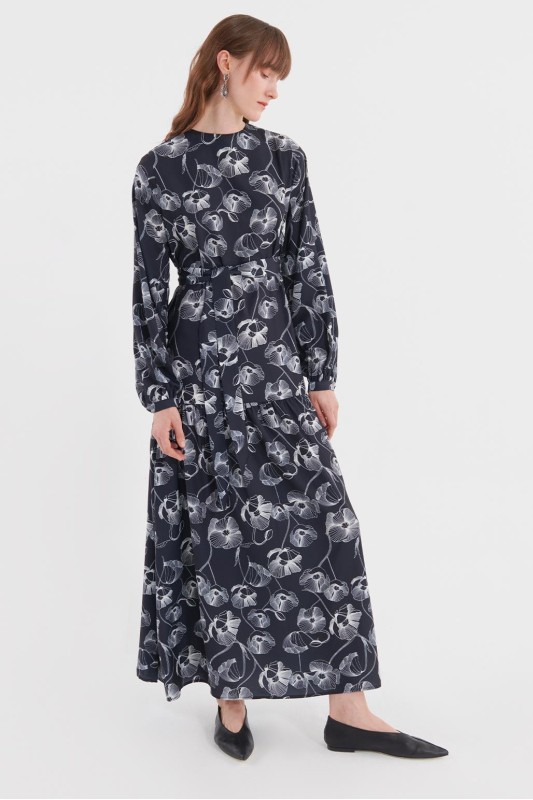 Çiçek Desen Uzun Elbise Siyah