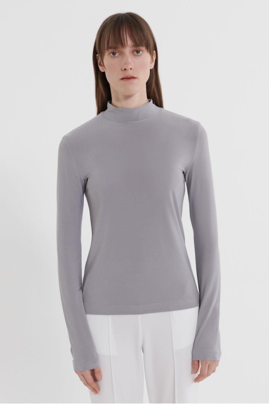 Dik Yaka Buzy Uzun Kollu Basıc Bluz Gri