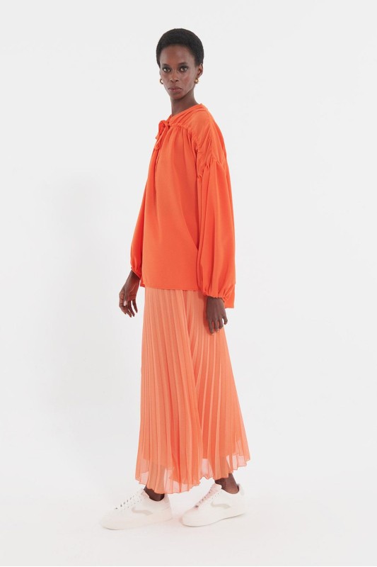 Balon Kol Önden Bağlamalı Gömlek Turuncu