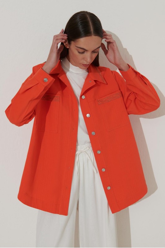 Bohem Nakışlı Keten Ceket Turuncu