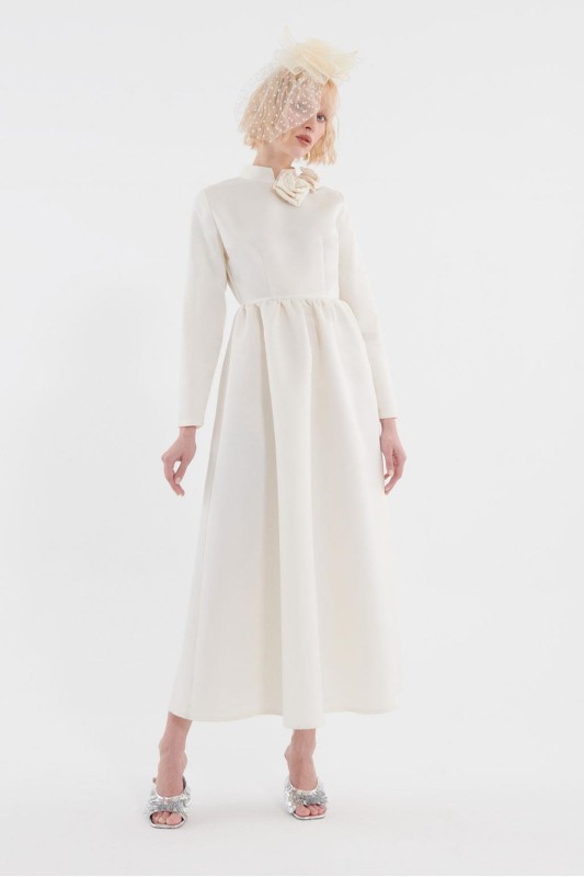 Beli Büzgülü Elbise Ekru