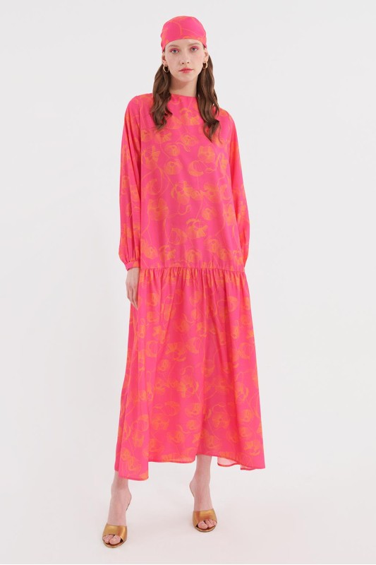 Çiçek Desen Uzun Elbise Fuşya