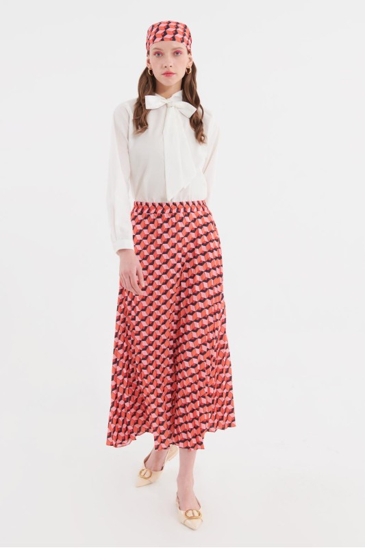 Geometrik Desenli Pilise Etek Orange