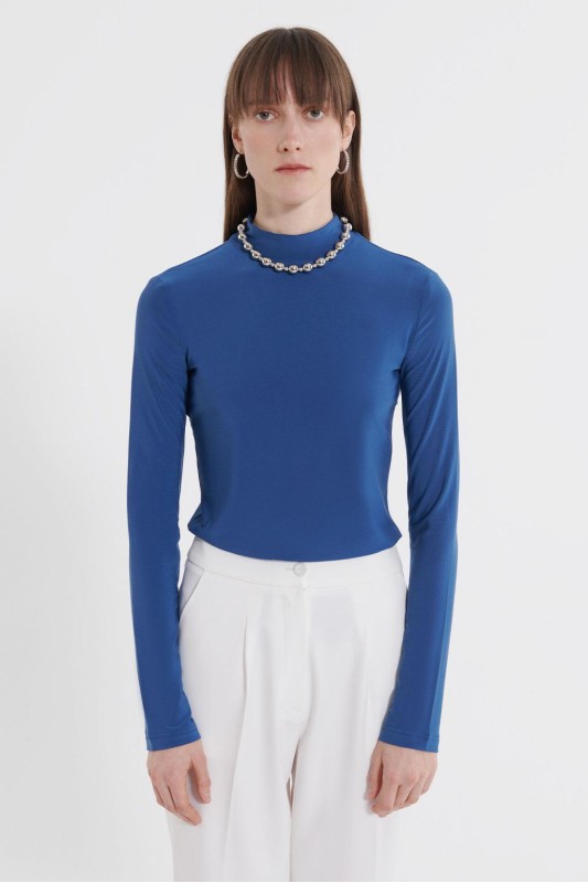 Dik Yaka Buzy Uzun Kollu Basıc Bluz İndigo