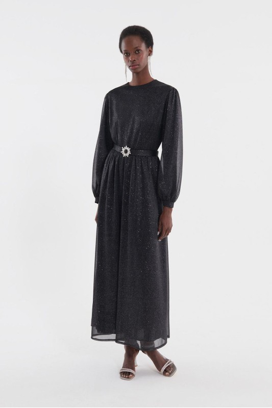 Simli Taşlı Kemerli Elbise Siyah