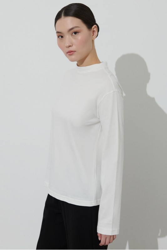 Dik Yaka Basıc Uzun Kollu Cotton Bluz Ekru