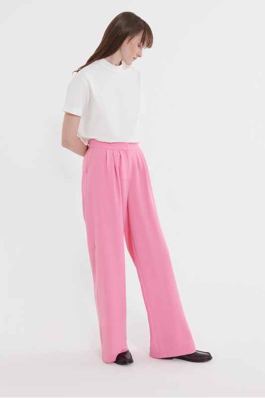 Pili Detaylı Palazzo Pantolon Pembe