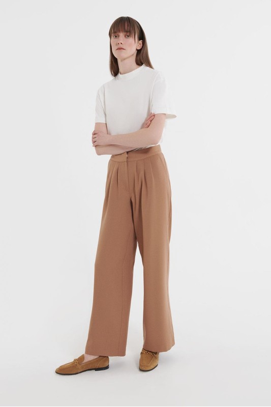 Pili Detaylı Palazzo Pantolon Camel
