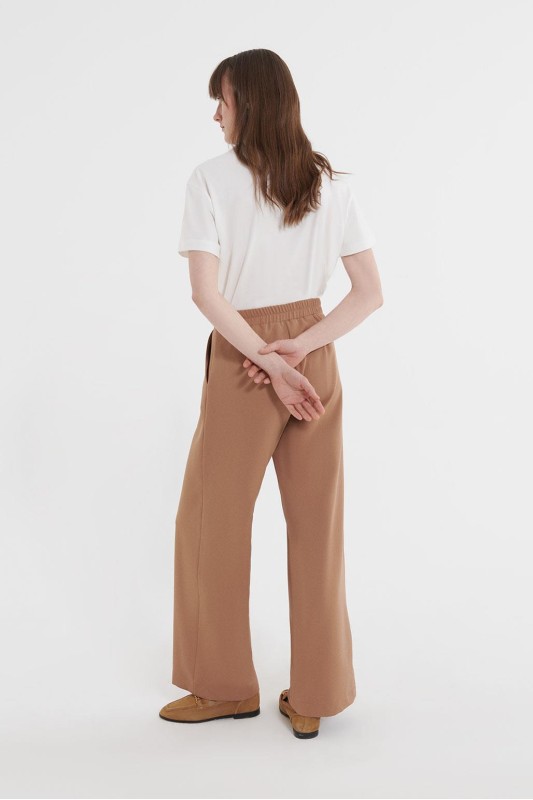 Pili Detaylı Palazzo Pantolon Camel