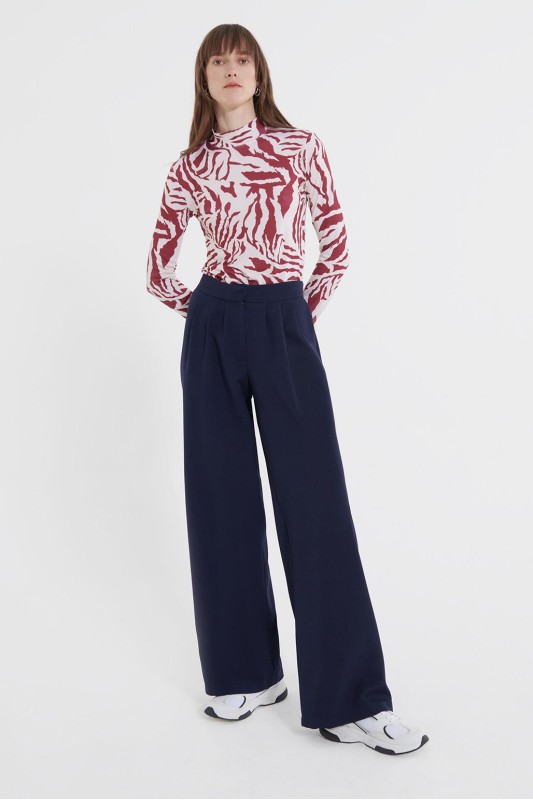 Pili Detaylı Palazzo Pantolon Lacivert