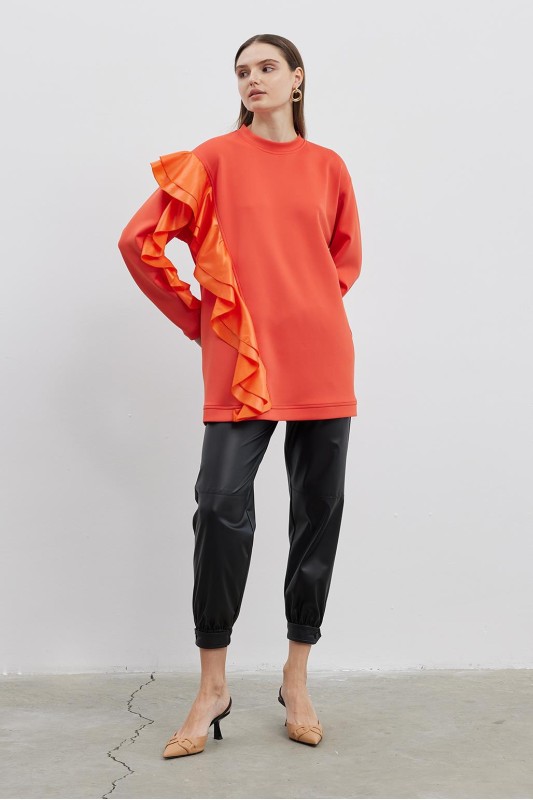 Beta Volanlı Sweatshirt Turuncu