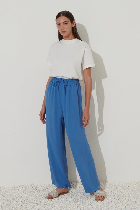 Yumuşak Keten Bol Paça Pantolon Kot Mavi