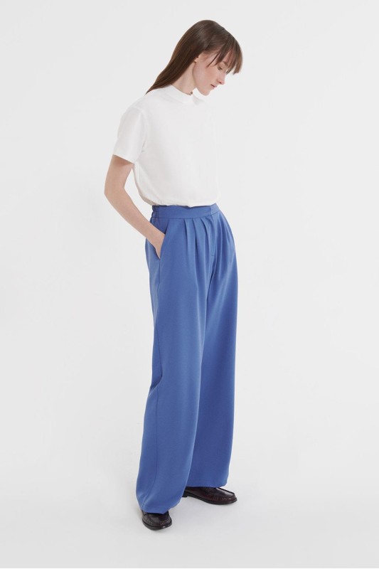 Pili Detaylı Palazzo Pantolon İndigo