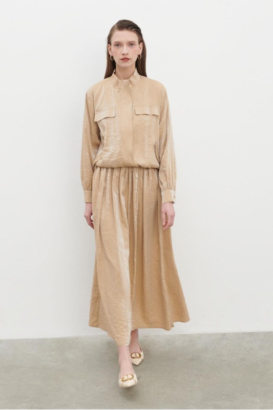 Dik Yakalı Fermuarlı Bomber Kap Etek Takım Bej