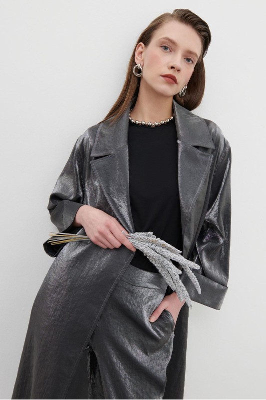 Parlak Geçişli Trenç Trençkot Siyah