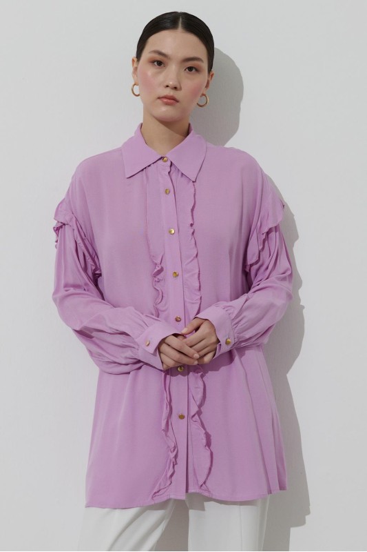 Gold Düğmeli Pamuk Gömlek Lila