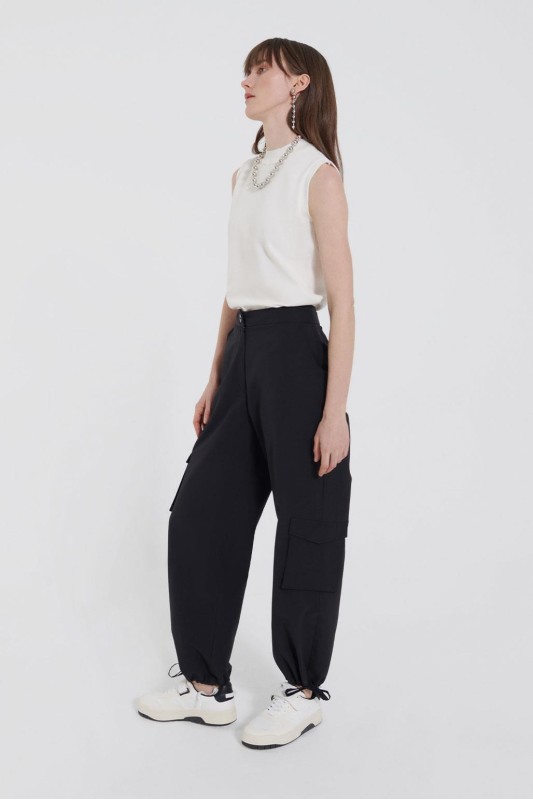 Kargo Cep Paça Büzgülü Pantolon Siyah