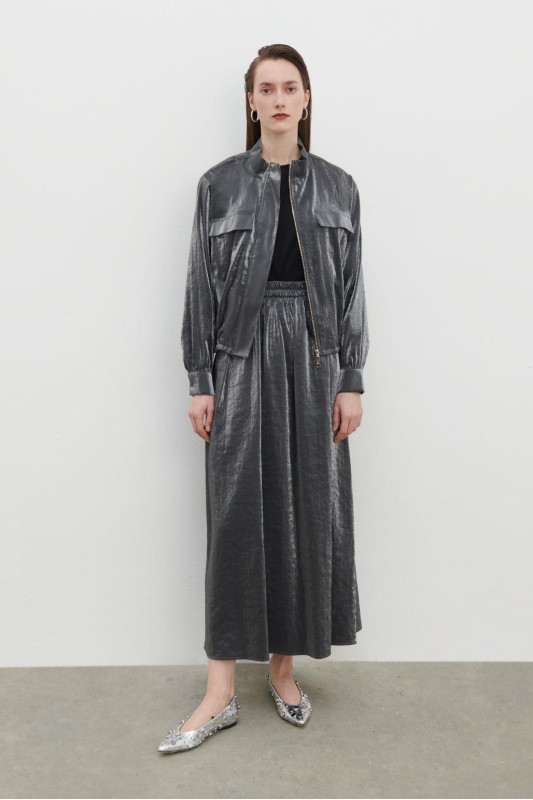 Dik Yakalı Fermuarlı Bomber Kap Etek Takım Siyah