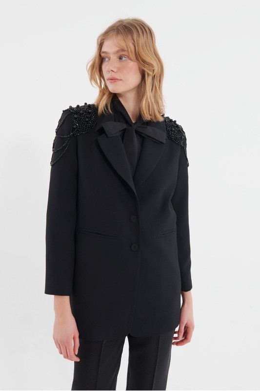 Omuz Kristal Taş İşlemeli Ceket Siyah