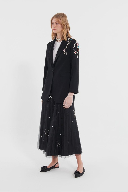 Renkli İnci Damla Taş İşleme Detaylı Düğmeli Ceket Siyah