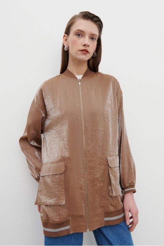 Simli Ribanalı Cepli Bomber Hırka Kahve