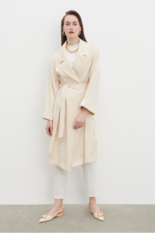Parlak Geçişli Trenç Trençkot Ekru