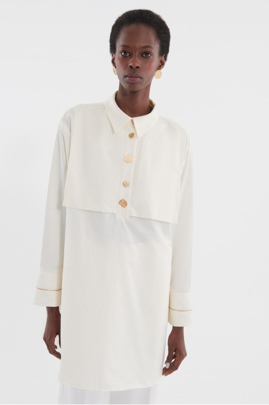 Manşet İşlemeli Gold Düğmeli Gömlek Ekru