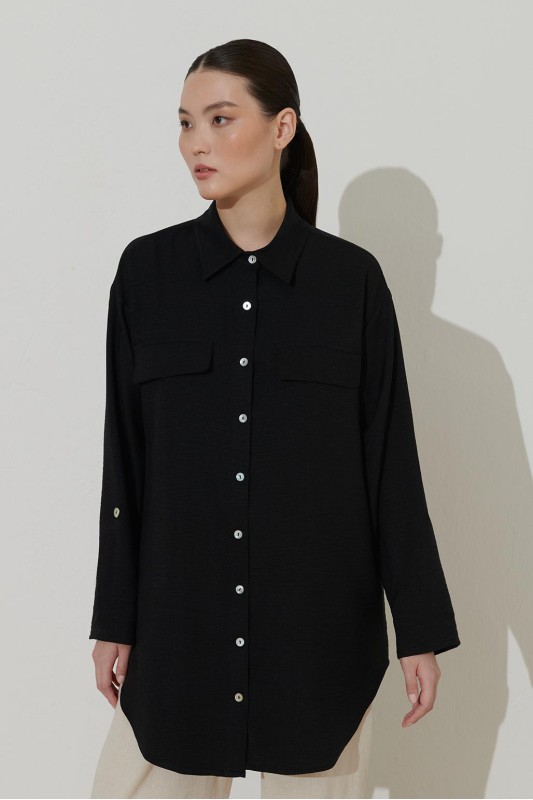 Pamuk Keten Sedef Düğmeli Gömlek Siyah