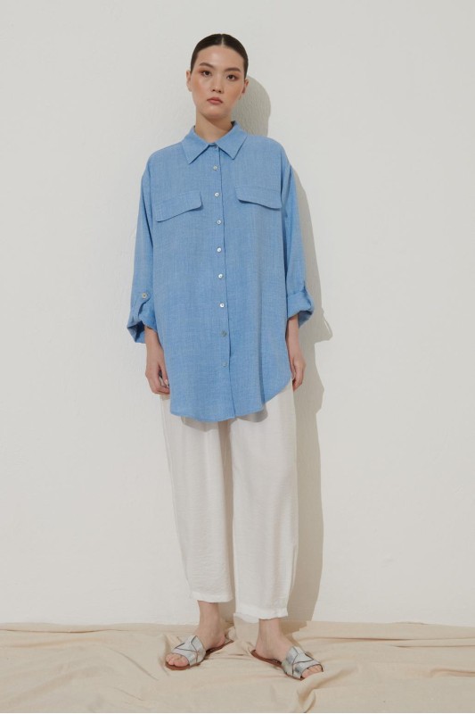Pamuk Keten Sedef Düğmeli Gömlek Açık  Mavi