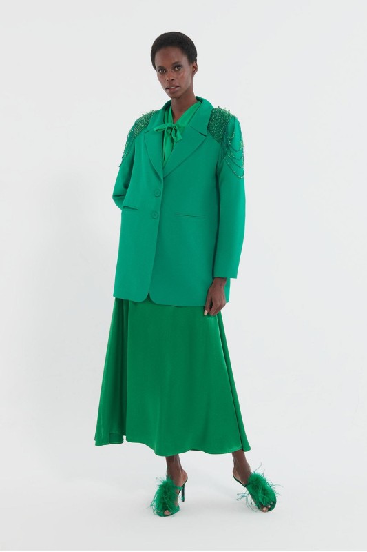 Omuz Kristal Taş İşlemeli Ceket Yeşil