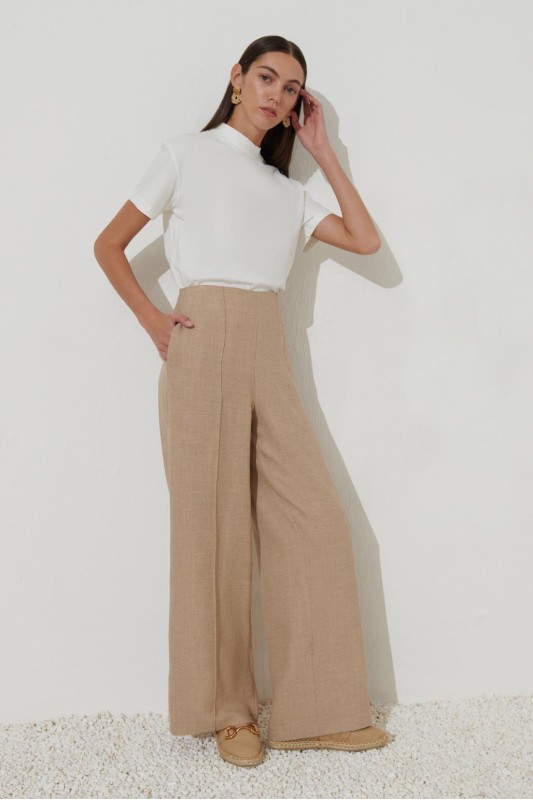 Pamuk Keten Çima Dikişli Pantolon Vizon