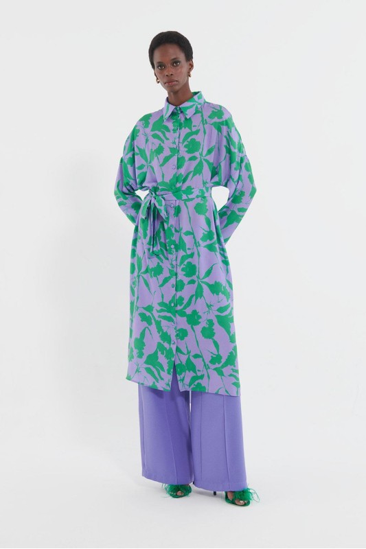 Floral Desenli Uzun Gömlek Leylak