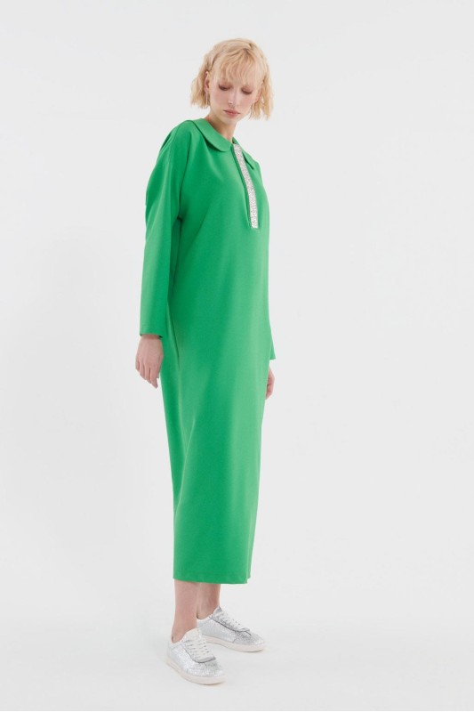 Taş İşleme Detaylı Elbise Yeşil