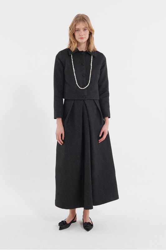 Simli Brokar Ceket Pilili Etek Takım Siyah