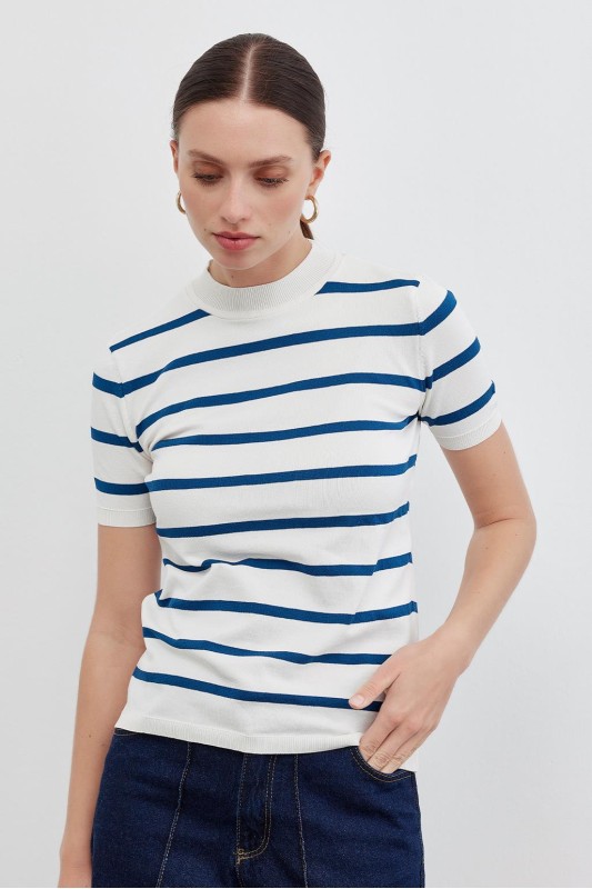 Çizgili Kısa Kollu Triko İndigo