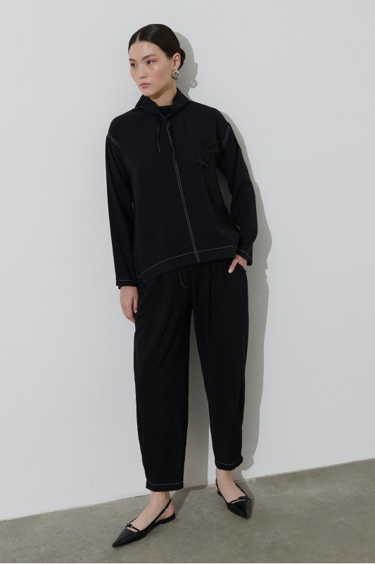 Çiçek İşleme Detaylı Tencel Tunik Pantolon Takım Siyah