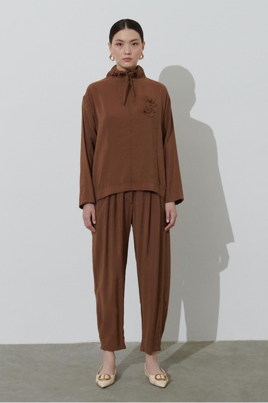 Çiçek İşleme Detaylı Tencel Tunik Pantolon Takım Kahve