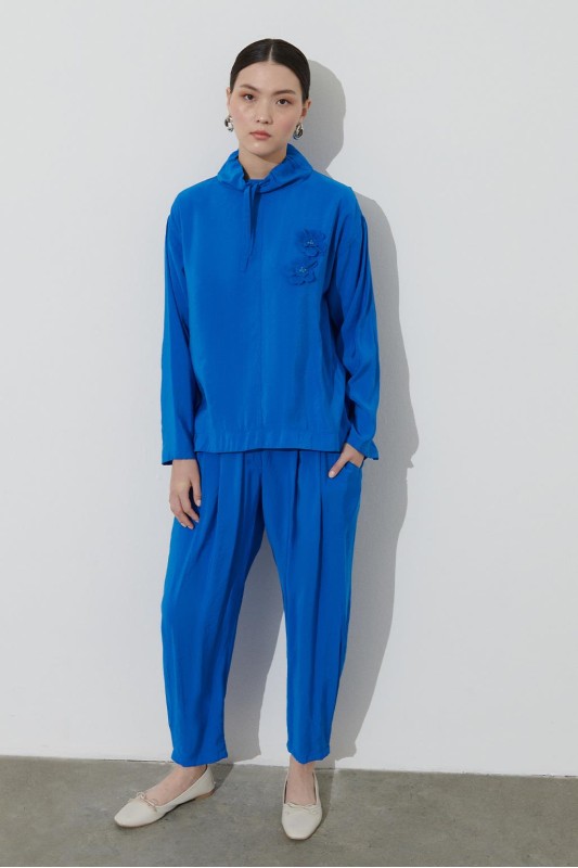 Çiçek İşleme Detaylı Tencel Tunik Pantolon Takım İndigo