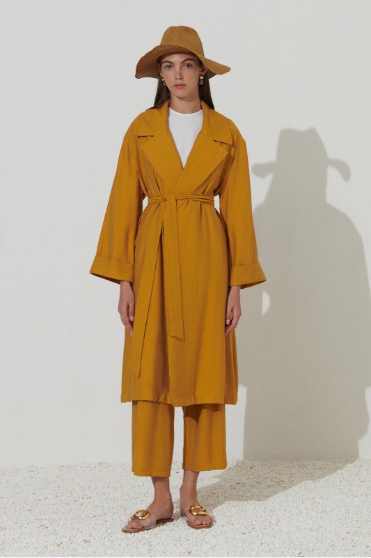 Keten Trench Pantolon Takım Hardal