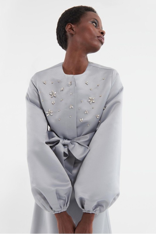 Balon Kol Önü Taş İşlemeli Ceket Etek Takım Gümüş