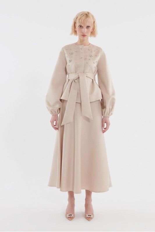 Balon Kol Önü Taş İşlemeli Ceket Etek Takım Dore