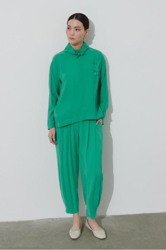 Çiçek İşleme Detaylı Tencel Tunik Pantolon Takım Yeşil