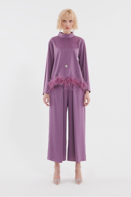 Tüylü İşlemeli Bluz Pileli Pantolon Takım Lavanta