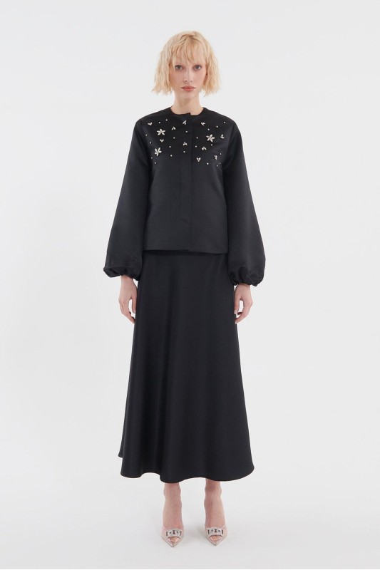 Balon Kol Önü Taş İşlemeli Ceket Etek Takım Siyah