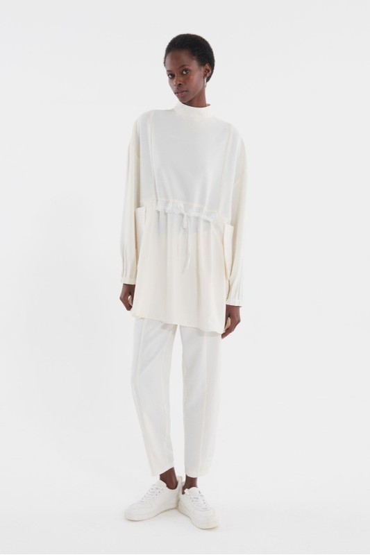 Organze Detaylı Tunik Pantolon Takım Ekru